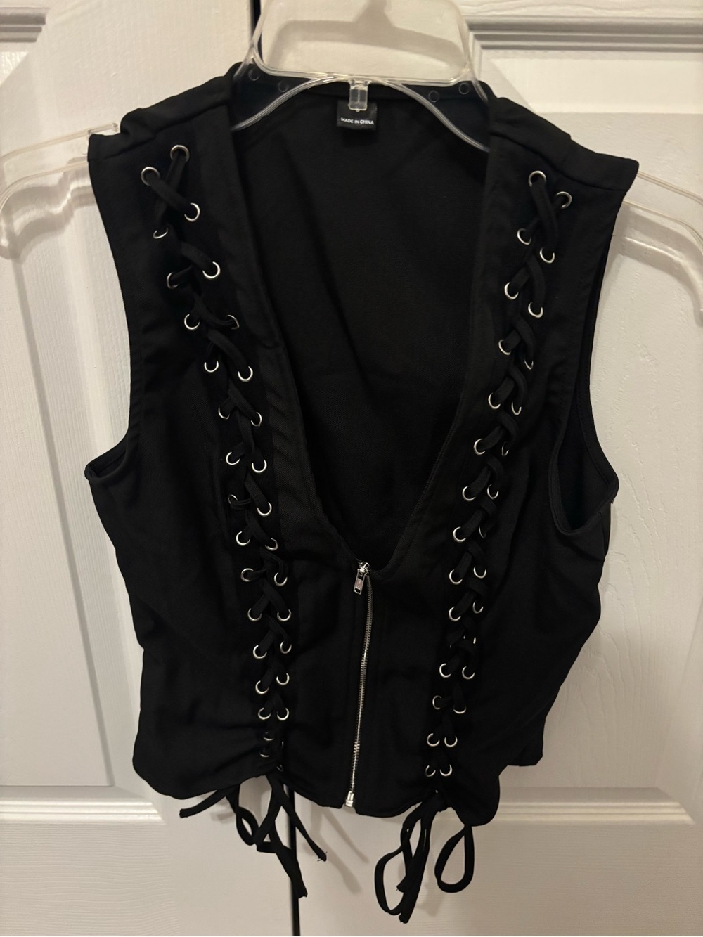 Women’s Black Lace-up V-Neck Front Sleeveless Vest w/ Zipper